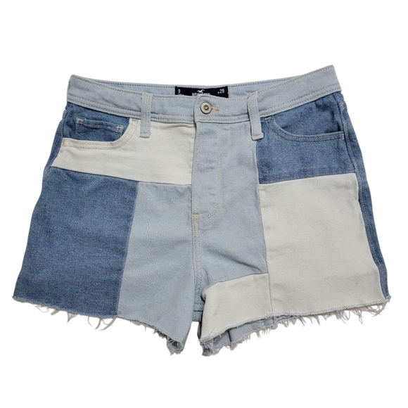Hollister Pants - Patchwork Two-Tone Denim Shorts - Light Blue & Cream